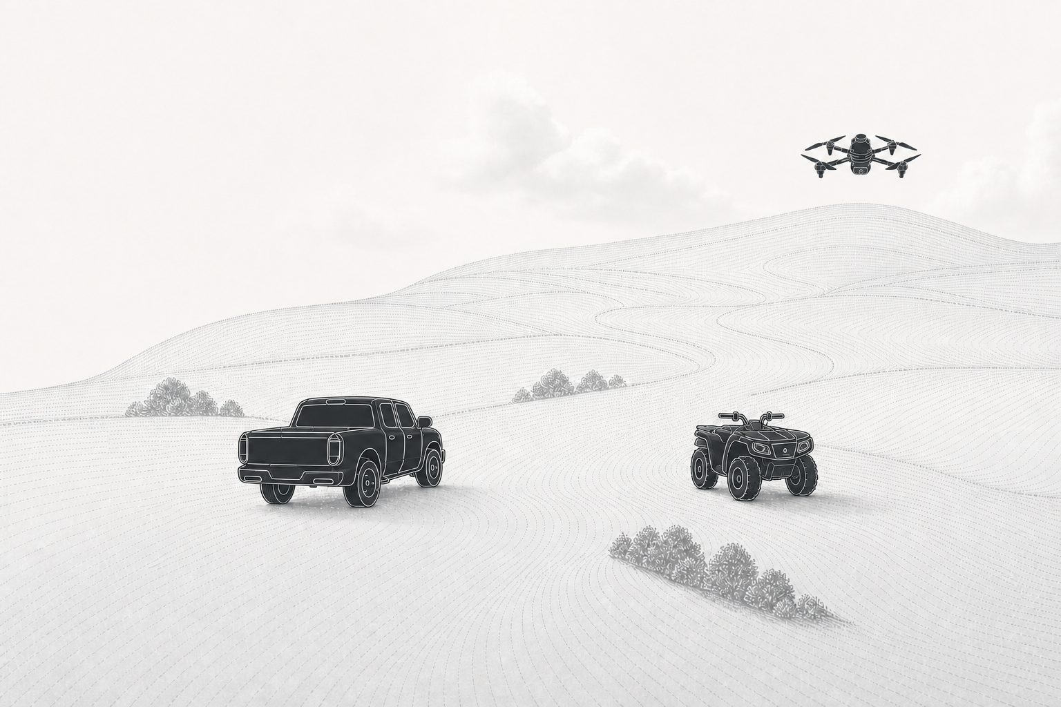 FieldVision agricultural sensing landscape with a sampling truck, ATV, and drone